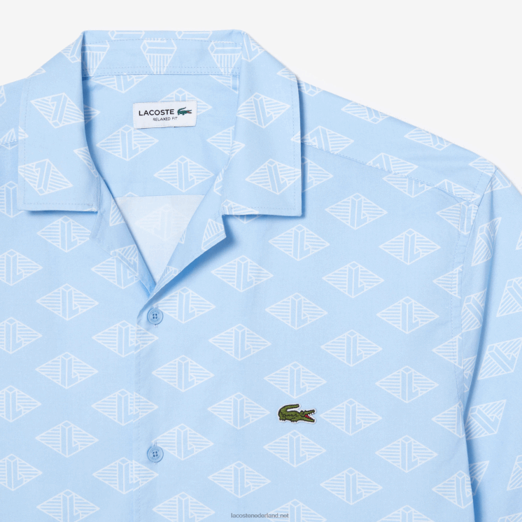 Lacoste overhemd met monogramprint en korte mouwen 0828H508 blauw wit fv2 Heren