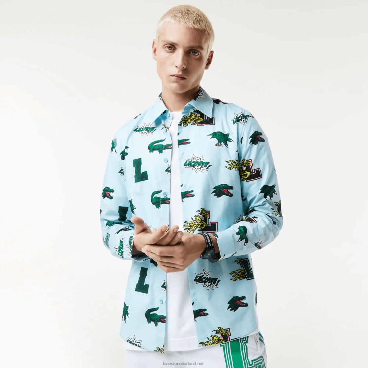 Lacoste regular-fit overhemd met krokodillenprint 0828H1574 blauw wit eep Heren