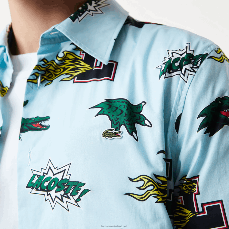 Lacoste regular-fit overhemd met krokodillenprint 0828H1574 blauw wit eep Heren