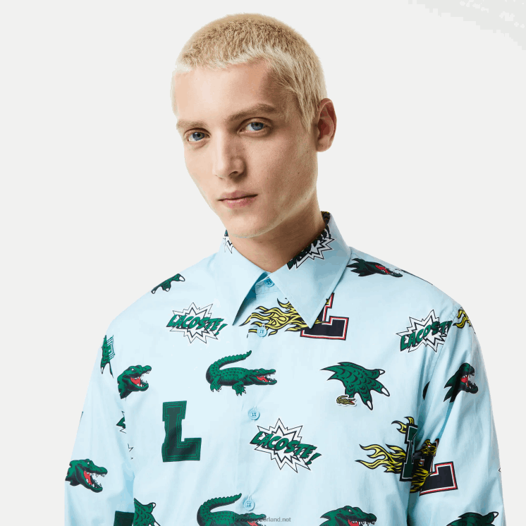 Lacoste regular-fit overhemd met krokodillenprint 0828H1574 blauw wit eep Heren