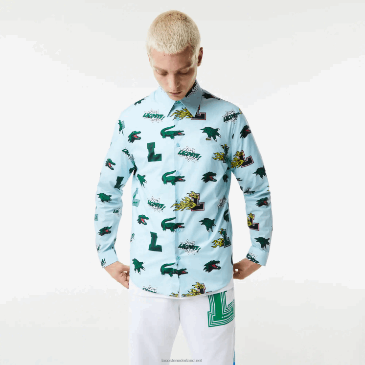 Lacoste regular-fit overhemd met krokodillenprint 0828H1574 blauw wit eep Heren