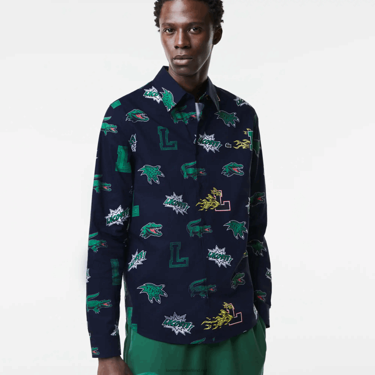 Lacoste regular-fit overhemd met krokodillenprint 0828H1575 marineblauw wit qrn Heren