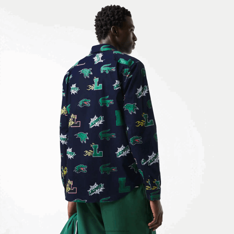 Lacoste regular-fit overhemd met krokodillenprint 0828H1575 marineblauw wit qrn Heren
