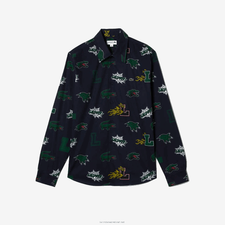 Lacoste regular-fit overhemd met krokodillenprint 0828H1575 marineblauw wit qrn Heren