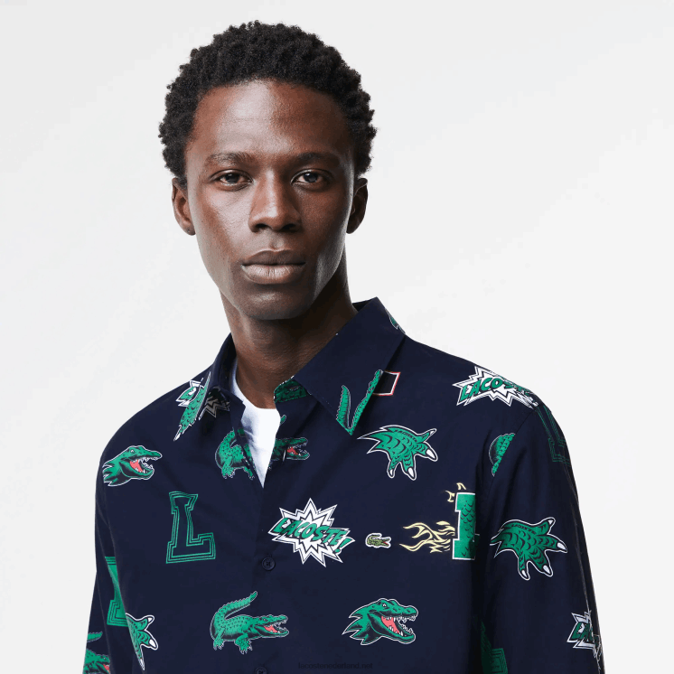 Lacoste regular-fit overhemd met krokodillenprint 0828H1575 marineblauw wit qrn Heren