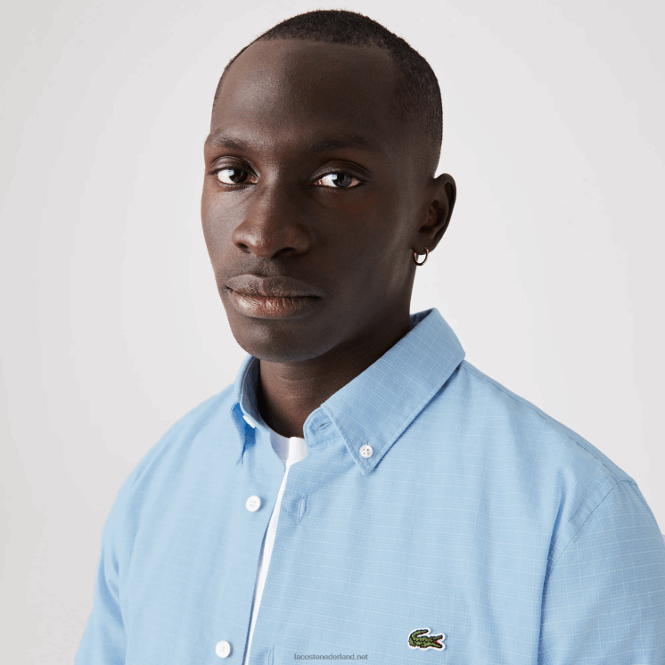 Lacoste slim fit geruit overhemd van katoen en linnen 0828H1647 blauw wit fv2 Heren