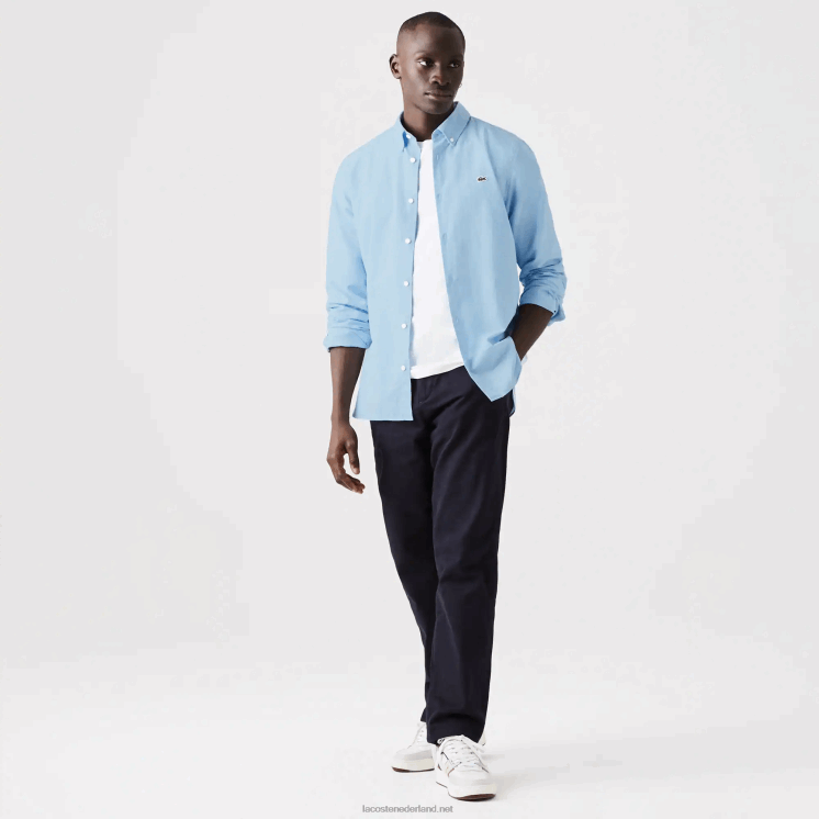 Lacoste slim fit geruit overhemd van katoen en linnen 0828H1647 blauw wit fv2 Heren