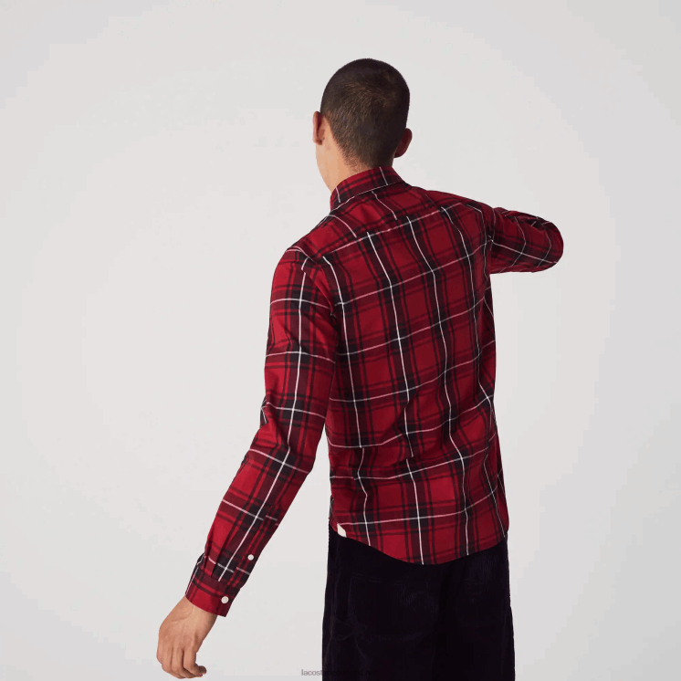 Lacoste slim fit geruit poplin overhemd van stretchkatoen 0828H1612 bordeaux zwart wit llu Heren