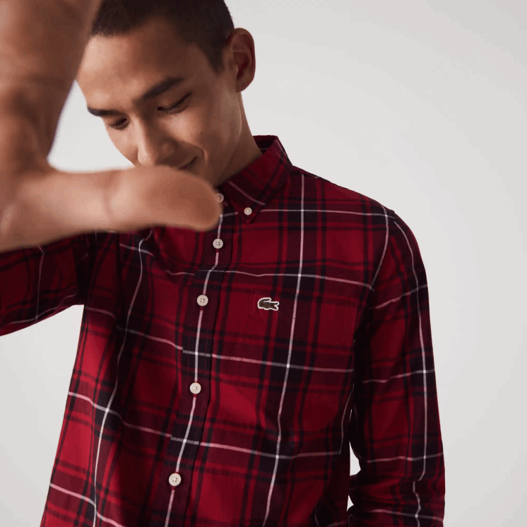 Lacoste slim fit geruit poplin overhemd van stretchkatoen 0828H1612 bordeaux zwart wit llu Heren