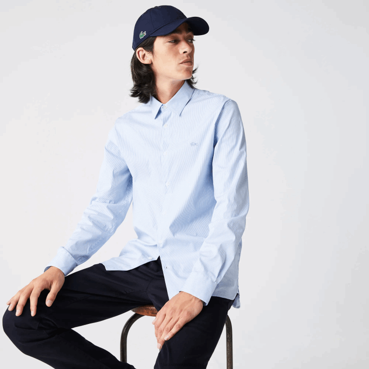 Lacoste slim fit gestreept stretch popeline overhemd 0828H400 wit blauw f6z Heren