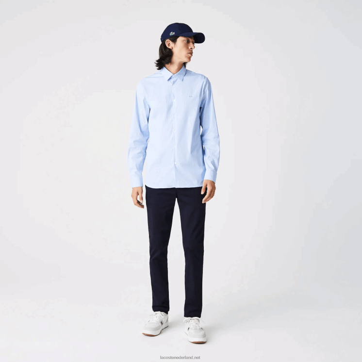 Lacoste slim fit gestreept stretch popeline overhemd 0828H400 wit blauw f6z Heren
