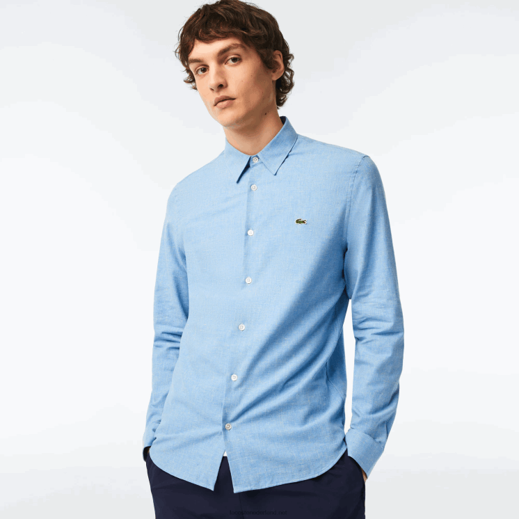Lacoste slim fit katoenen chambray overhemd 0828H1520 blauw wit fv2 Heren