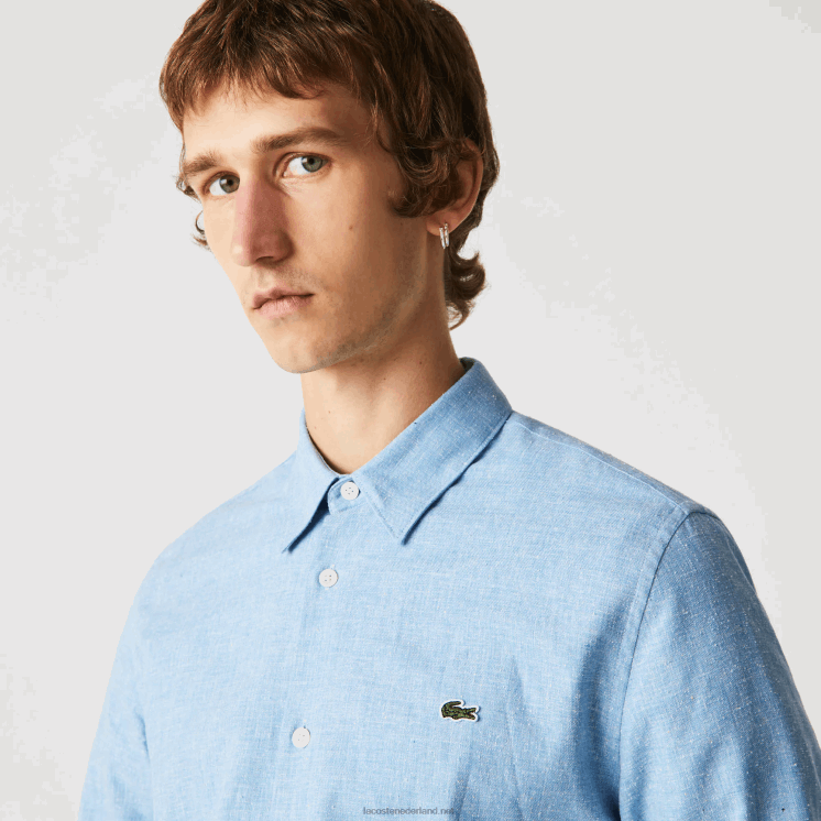 Lacoste slim fit katoenen chambray overhemd 0828H1520 blauw wit fv2 Heren