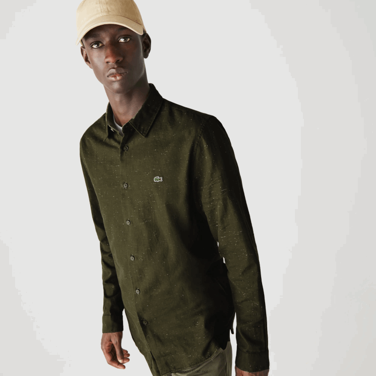 Lacoste slim fit overhemd van gevlamd katoen 0828H1645 kaki groen wit n8e Heren