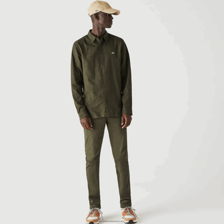 Lacoste slim fit overhemd van gevlamd katoen 0828H1645 kaki groen wit n8e Heren