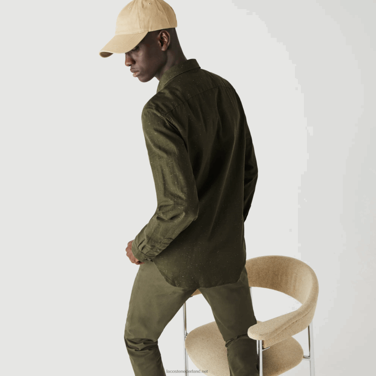 Lacoste slim fit overhemd van gevlamd katoen 0828H1645 kaki groen wit n8e Heren
