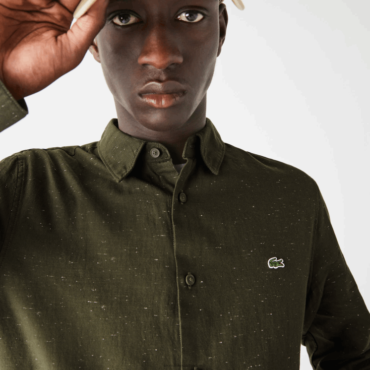 Lacoste slim fit overhemd van gevlamd katoen 0828H1645 kaki groen wit n8e Heren