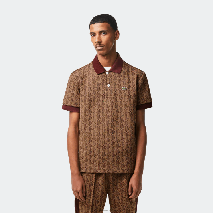 Lacoste polo met klassieke pasvorm en monogramprint 0828H71 beige bordeaux mkj Heren