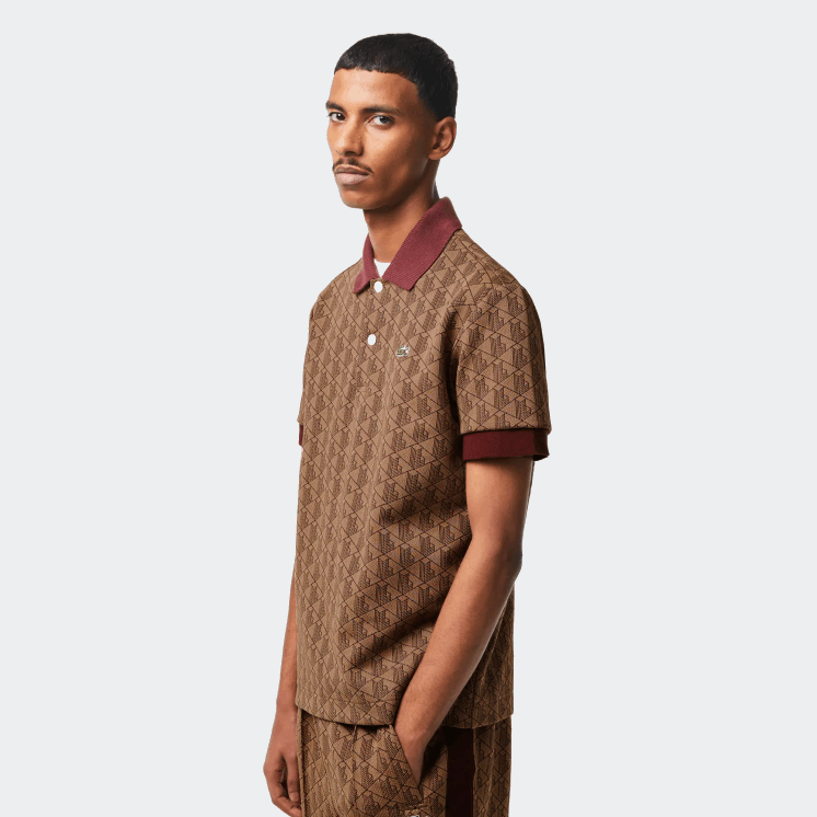 Lacoste polo met klassieke pasvorm en monogramprint 0828H71 beige bordeaux mkj Heren