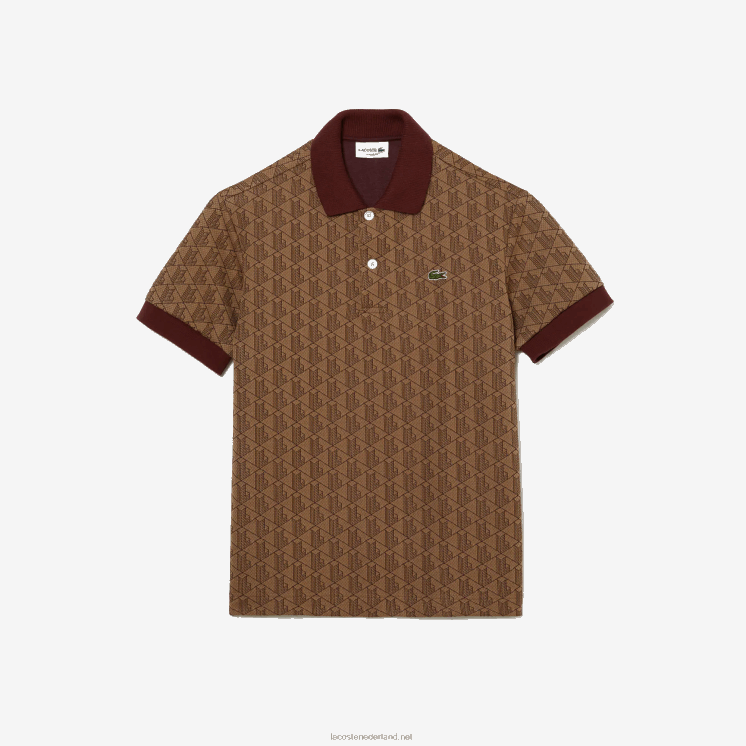 Lacoste polo met klassieke pasvorm en monogramprint 0828H71 beige bordeaux mkj Heren
