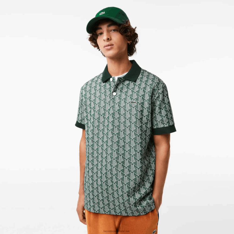 Lacoste polo met klassieke pasvorm en monogramprint 0828H72 groenbeige 7m4 Heren
