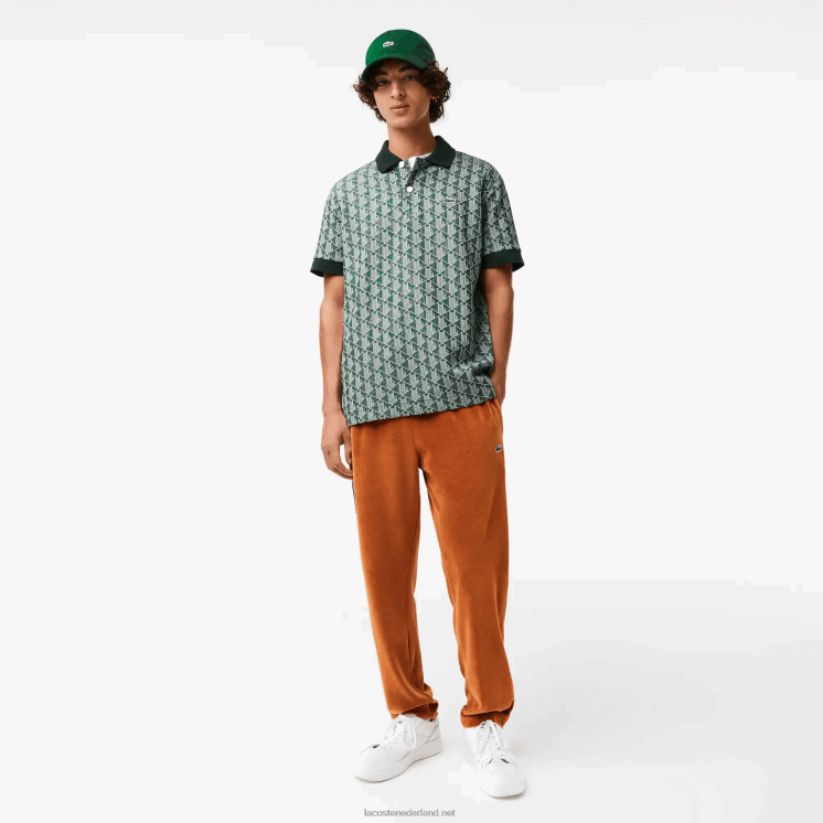 Lacoste polo met klassieke pasvorm en monogramprint 0828H72 groenbeige 7m4 Heren