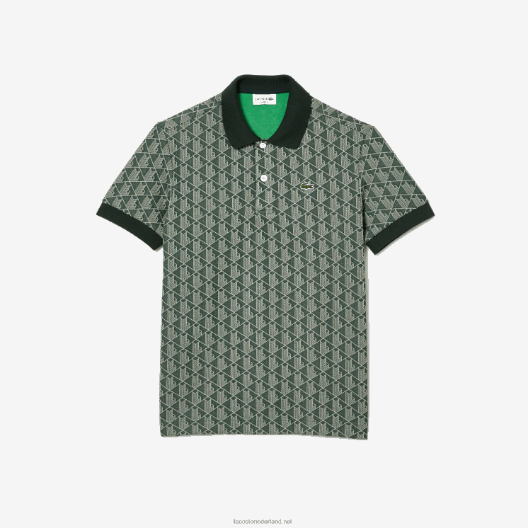 Lacoste polo met klassieke pasvorm en monogramprint 0828H72 groenbeige 7m4 Heren