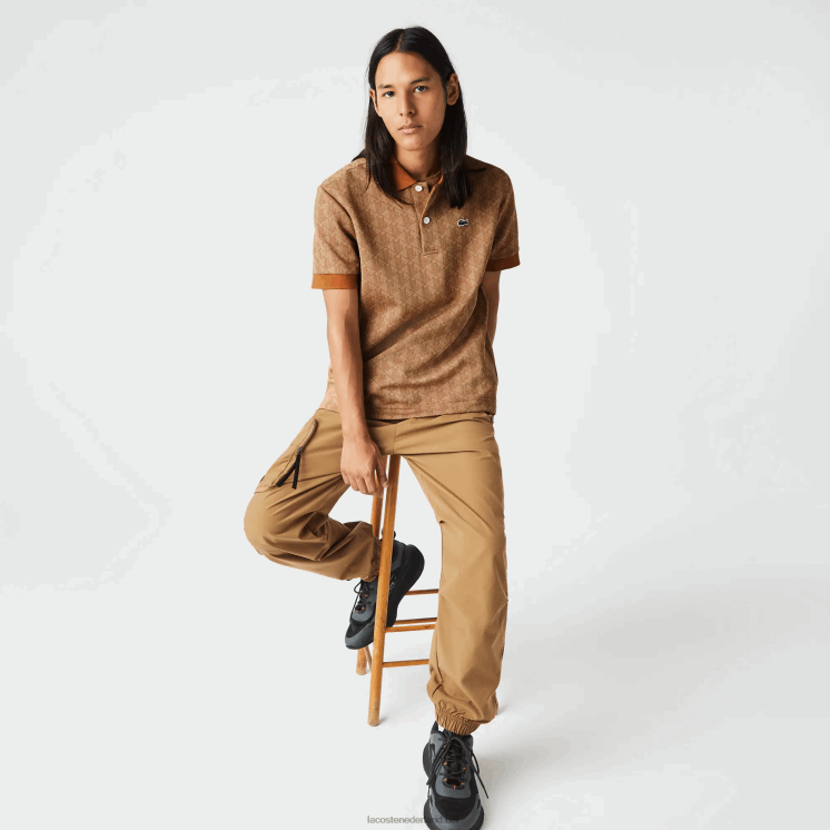 Lacoste polo met klassieke pasvorm en monogramprint 0828H73 beige bruin zm Heren