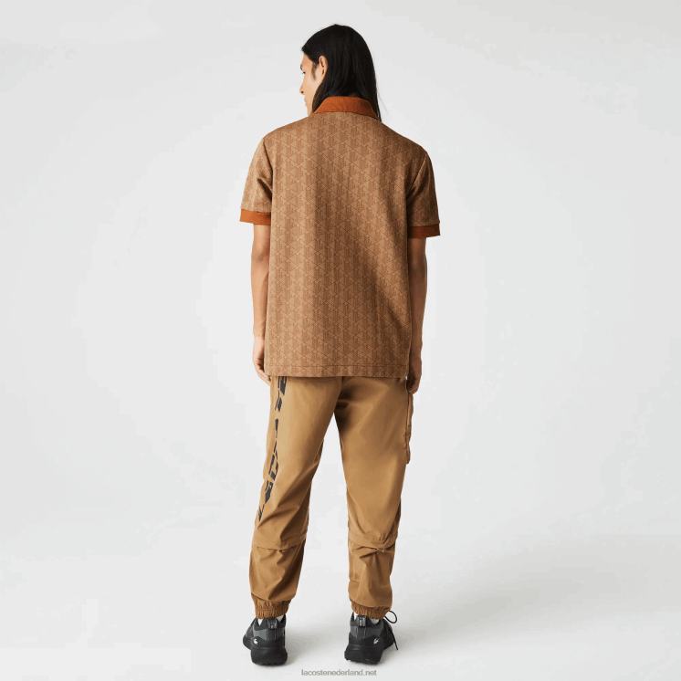 Lacoste polo met klassieke pasvorm en monogramprint 0828H73 beige bruin zm Heren