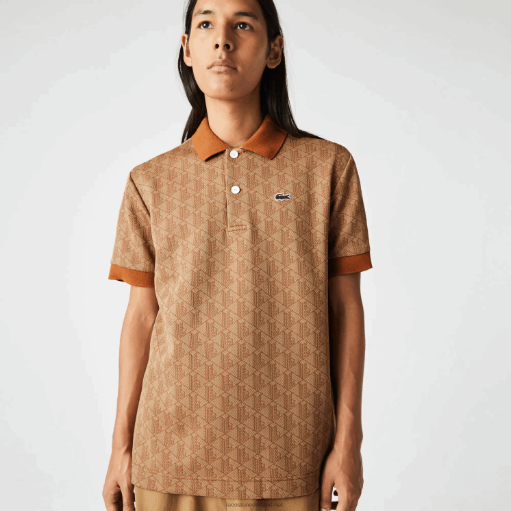 Lacoste polo met klassieke pasvorm en monogramprint 0828H73 beige bruin zm Heren