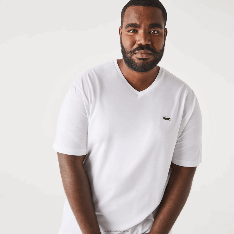 Lacoste regular fit geribbeld katoenen poloshirt met v-hals (grote maten) 0828H707 wit 001 Heren