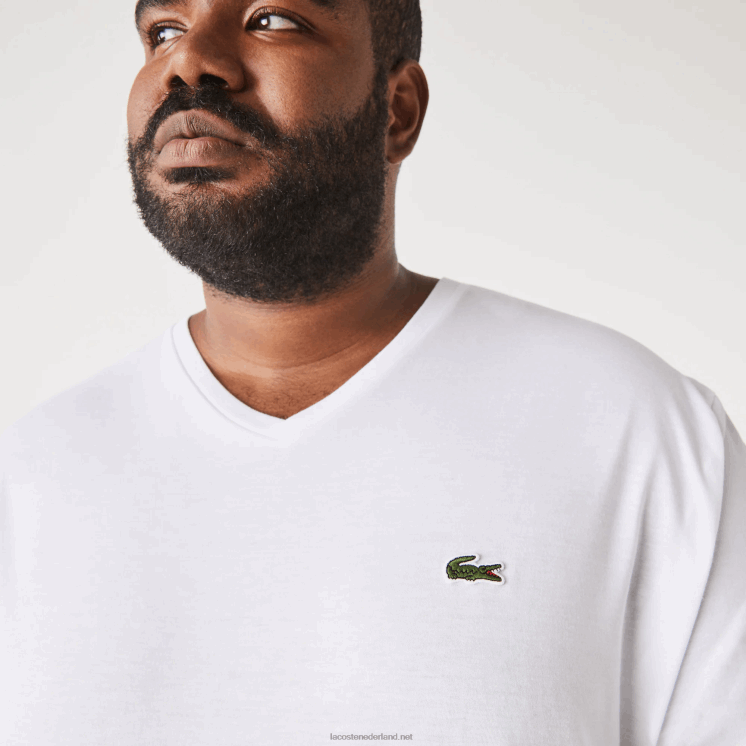 Lacoste regular fit geribbeld katoenen poloshirt met v-hals (grote maten) 0828H707 wit 001 Heren