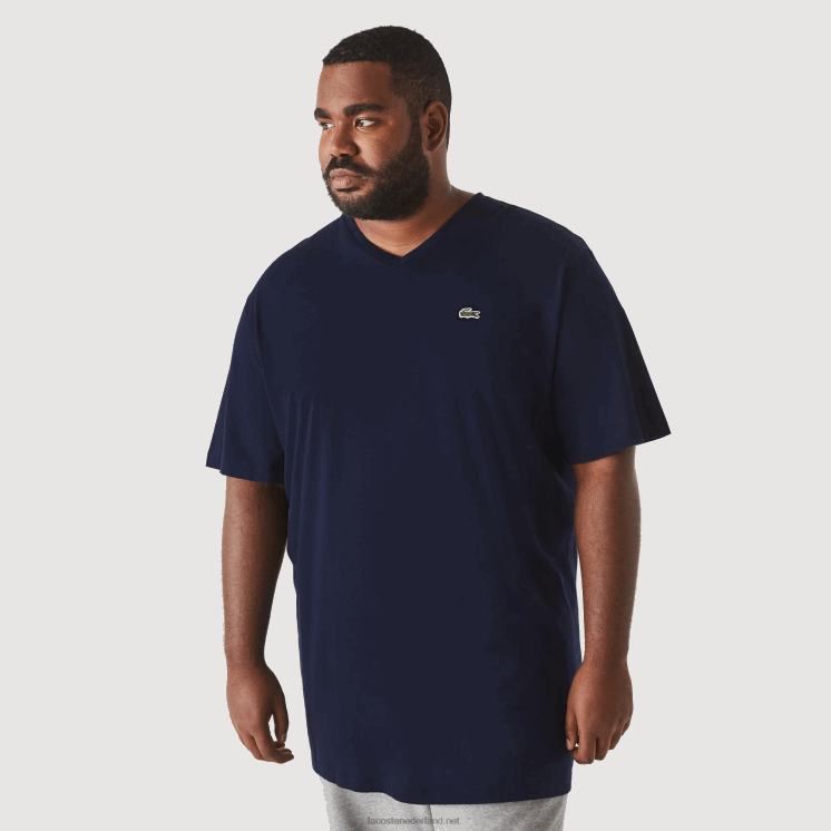 Lacoste regular fit geribbeld katoenen poloshirt met v-hals (grote maten) 0828H732 marineblauw 166 Heren