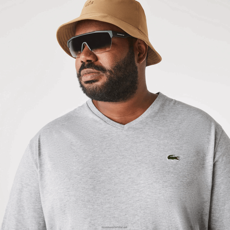 Lacoste regular fit geribbeld katoenen poloshirt met v-hals (grote maten) 0828H765 grijze chine ca Heren