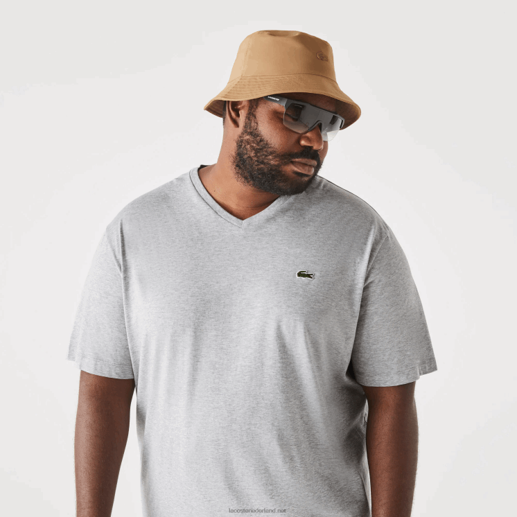 Lacoste regular fit geribbeld katoenen poloshirt met v-hals (grote maten) 0828H765 grijze chine ca Heren