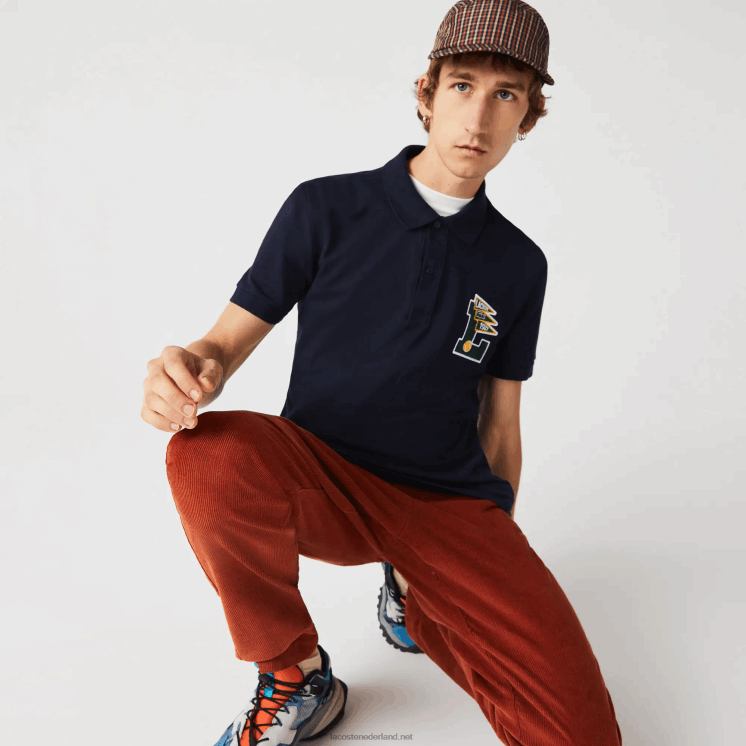 Lacoste regular fit katoenen piqué polo met l-badge 0828H896 marineblauw 166 Heren