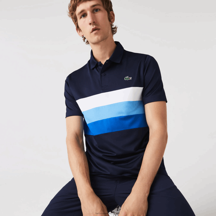 Lacoste sport golfpolo met driekleurige strepen 0828H826 marine wit blauw zf2 Heren