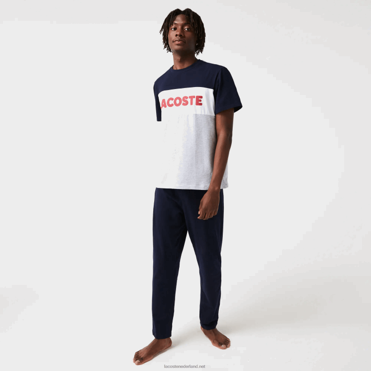 Lacoste Colorblock stretch katoenen lange pyjama set 0828H1510 grijs chine marine wit rood 4ty Heren