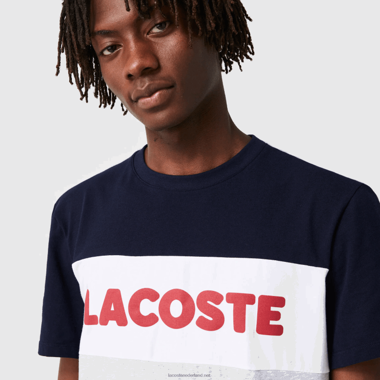 Lacoste Colorblock stretch katoenen lange pyjama set 0828H1510 grijs chine marine wit rood 4ty Heren