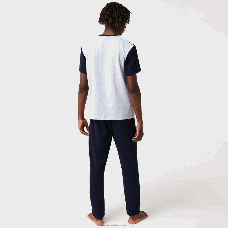 Lacoste Colorblock stretch katoenen lange pyjama set 0828H1510 grijs chine marine wit rood 4ty Heren