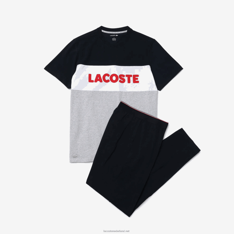 Lacoste Colorblock stretch katoenen lange pyjama set 0828H1510 grijs chine marine wit rood 4ty Heren