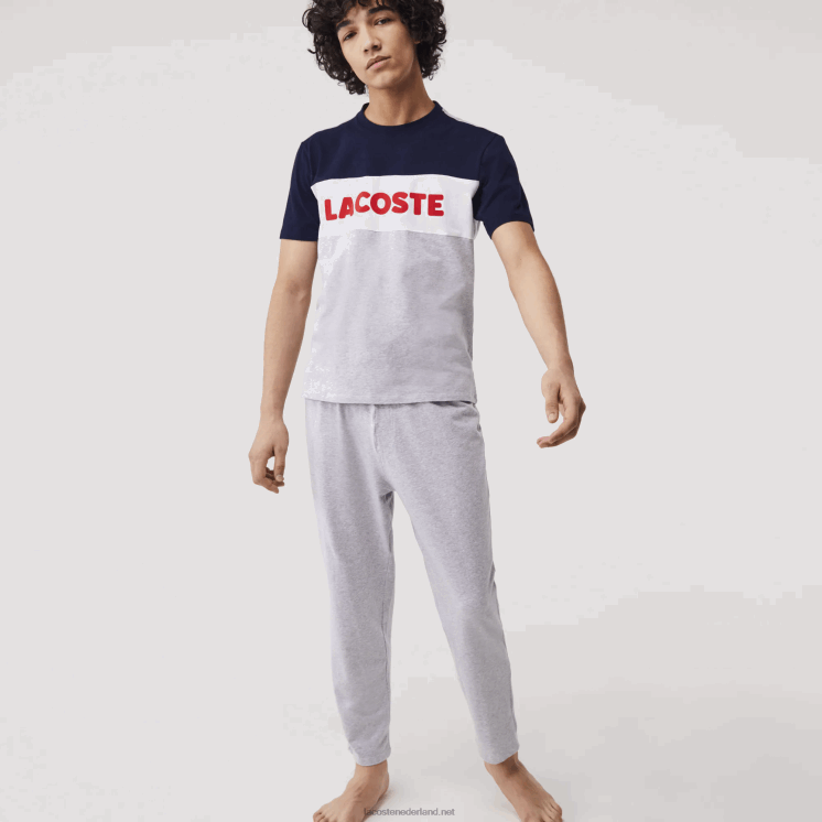 Lacoste Colorblock stretch katoenen lange pyjama set 0828H1510 grijs chine marine wit rood 4ty Heren