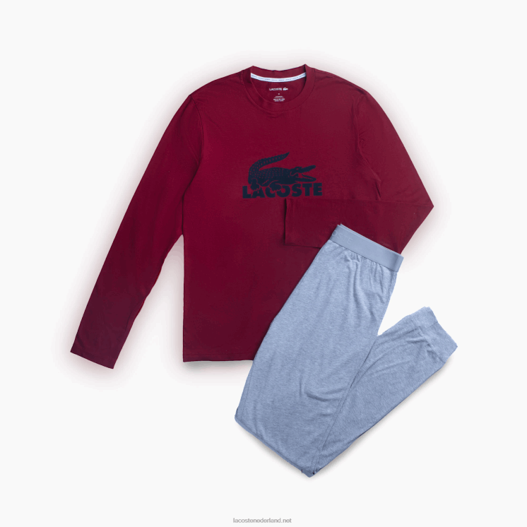 Lacoste Fluwelen lange pyjama met logo 0828H1458 bordeaux donkergrijs chine 90h Heren