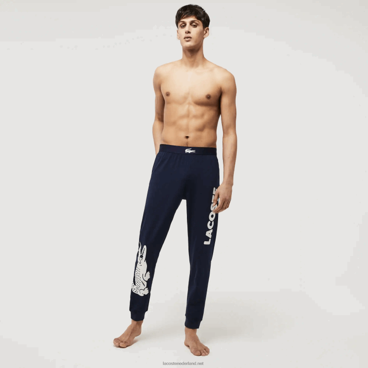 Lacoste Pyjamabroek van stretchkatoen met krokodillenprint 0828H1456 marineblauw wit 525 Heren