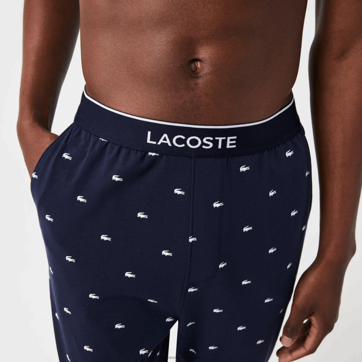 Lacoste bedrukte jersey pyjamabroek 0828H1385 marineblauw wit 525 Heren