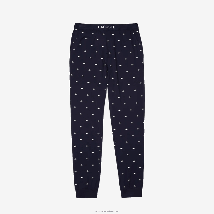 Lacoste bedrukte jersey pyjamabroek 0828H1385 marineblauw wit 525 Heren