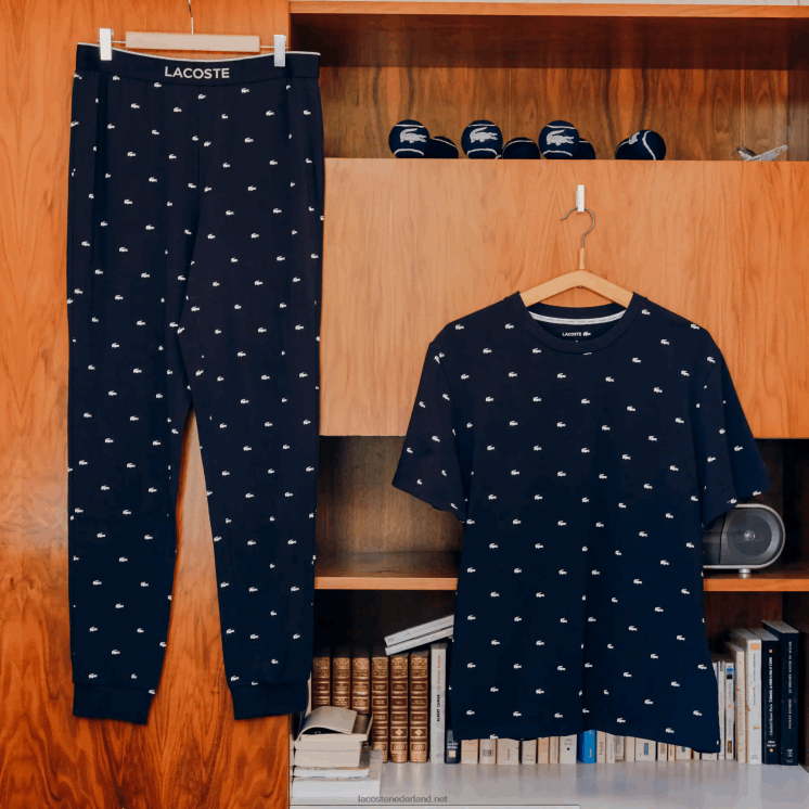 Lacoste bedrukte jersey pyjamabroek 0828H1385 marineblauw wit 525 Heren
