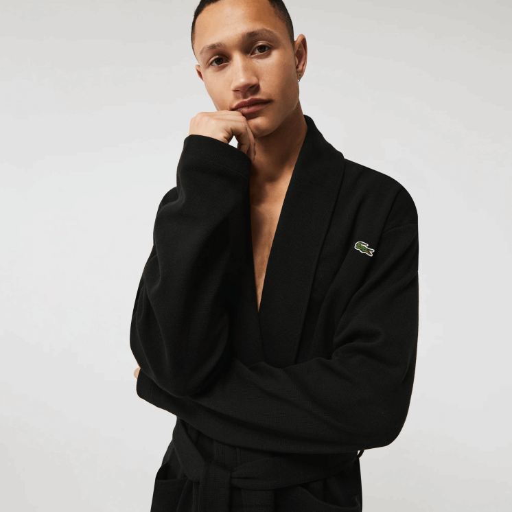 Lacoste losvallende lange getextureerde katoenen gebreide badjas 0828H1525 zwart 031 Heren