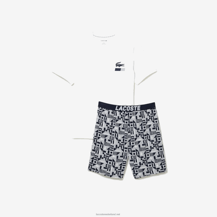 Lacoste pyjama met grafische print 0828H1511 wit marineblauw grijs chine jaren '40 Heren