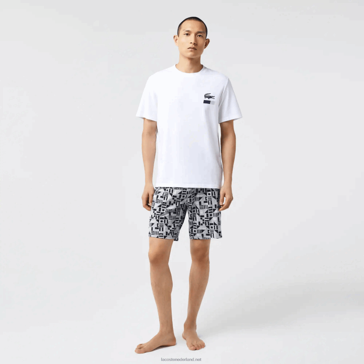 Lacoste pyjama met grafische print 0828H1511 wit marineblauw grijs chine jaren '40 Heren